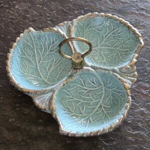 Vtg MCM California USA Pottery Divided Leaf Nut Dish Turquoise Aqua Gold Accents